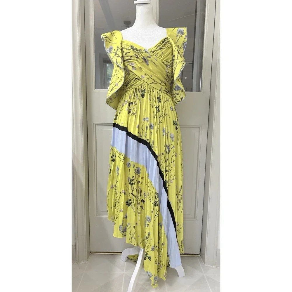 Self Portrait Womens Sleeveless Floral Pleated Asymmetrical Dress Yellow Size 10 - Picture 2 of 12